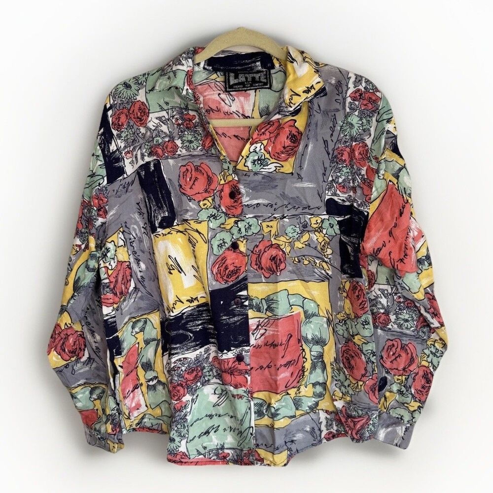 Latte Women's Multicolor Unique Floral Button-Up Blouse Collared Long Sleeve S